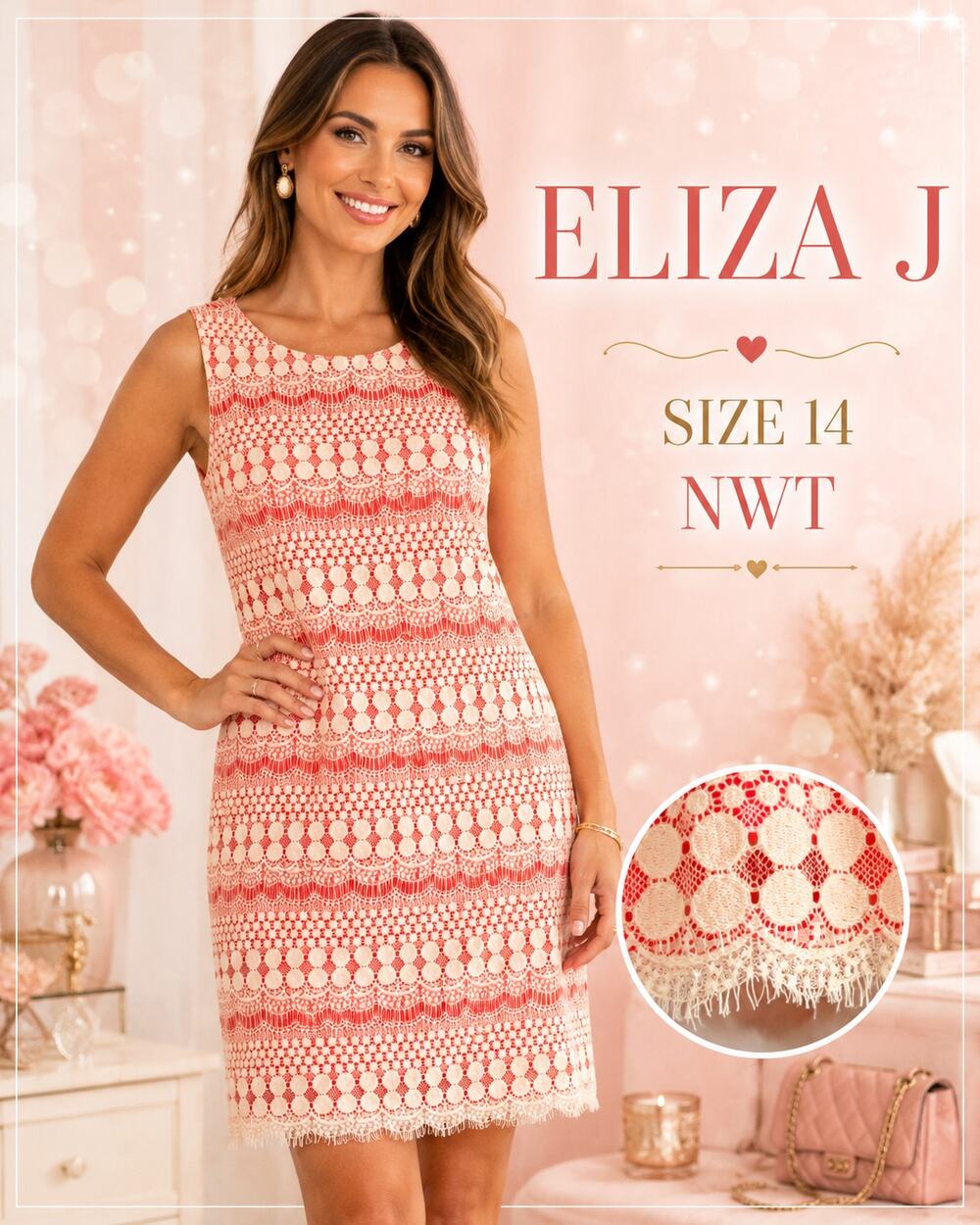 Eliza J Size 14 Coral White Lace Shift Dress Sleeveless NWT